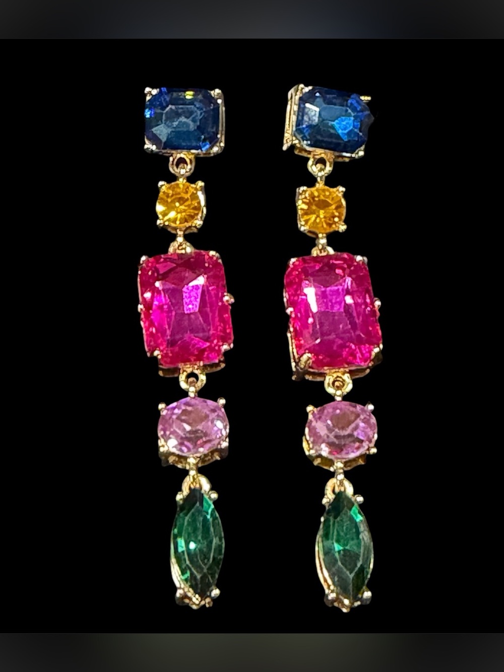 Bold AQUA Glam Multi-Color Rainbow Linear Drop Statement Earrings Jewelry